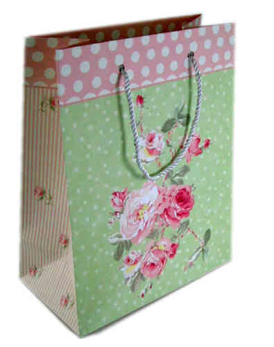1 Luxus Geschenke Tüte Rosenmuster - rosa / hellgrün * Höhe 26 cm, Länge 21 cm, Breite 11 cm