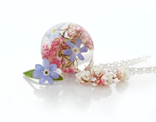 echte Vergissmeinnicht & zarte rosa Blumen Blüten Kette Halskette Schmuck mini Pfingstrosen
